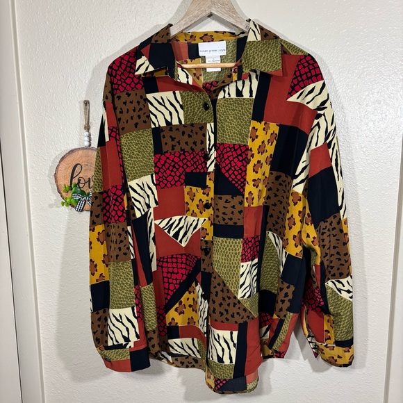 Susan Graver Tops - Susan Graver Whimsical Patchwork Animal Print Button Down Shirt Size L
